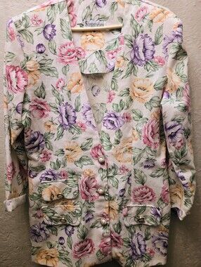 Vintage Floral Blazer Jacket Women's Size 16 Pink Purple Cottagecore Linen Rayon